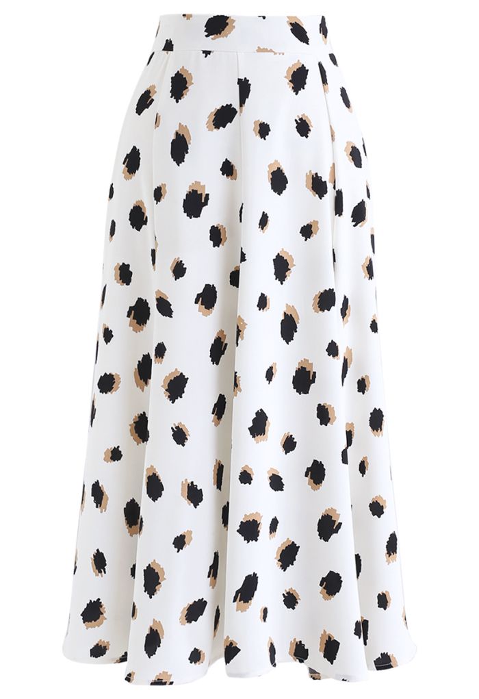 Bicolor Irregular Spots Print Midi Skirt in White