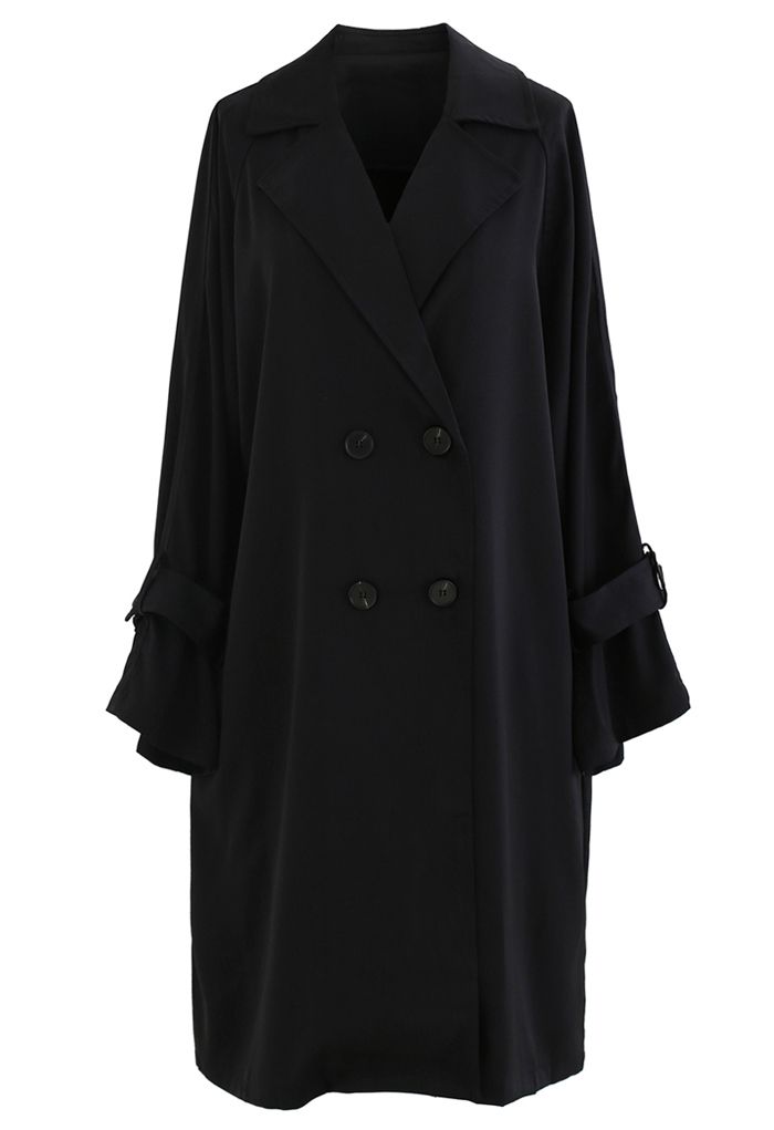 Belted Double-Breasted Chiffon Trench Coat in Black