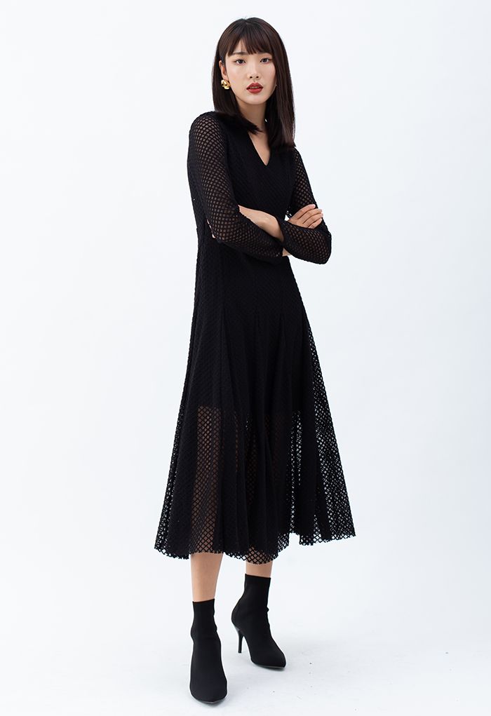 Textured Embroidery V-Neck Frilling Dress in Black