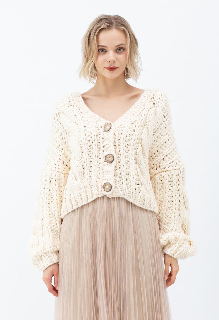 V-Neck Crop Hand-Knit Chunky Cardigan in Cream