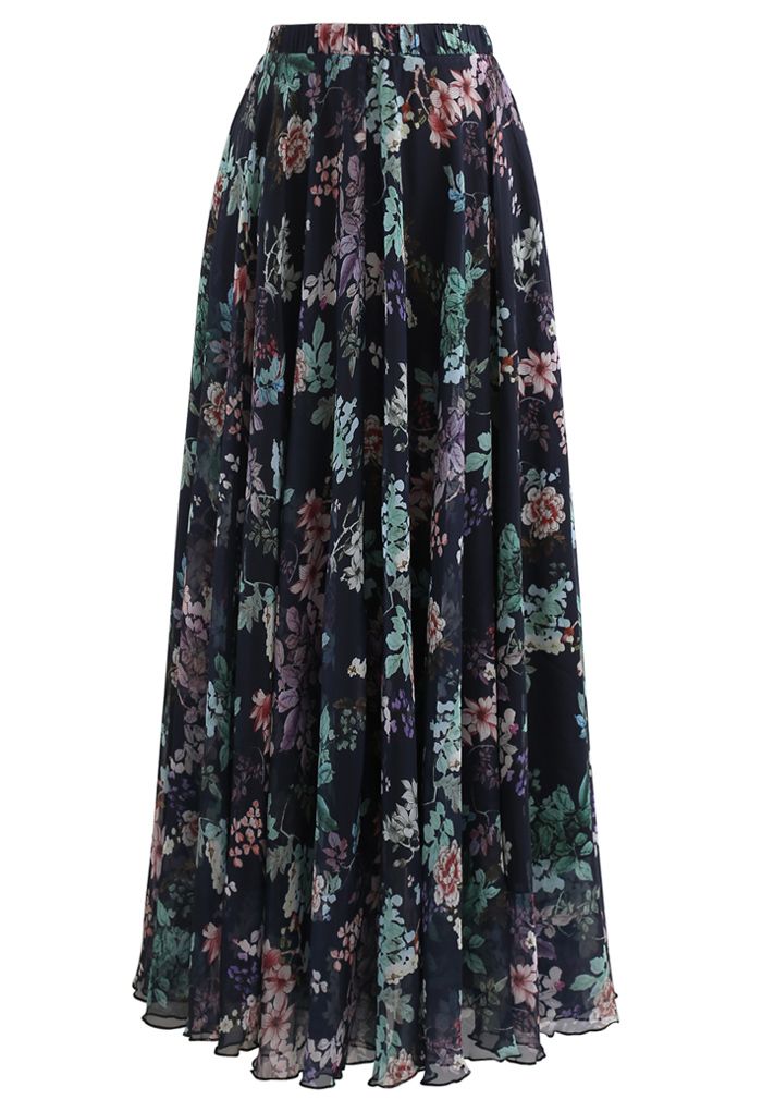Exuberant Floral Chiffon Maxi Skirt in Navy