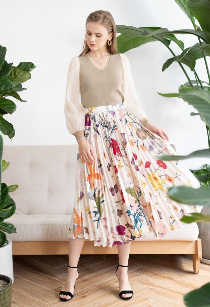 Tropical Floral Print Pleated Midi Skirt