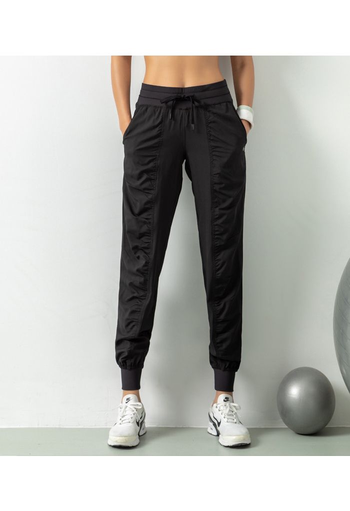 Drawstring Waist Ruched Detail Joggers in Black