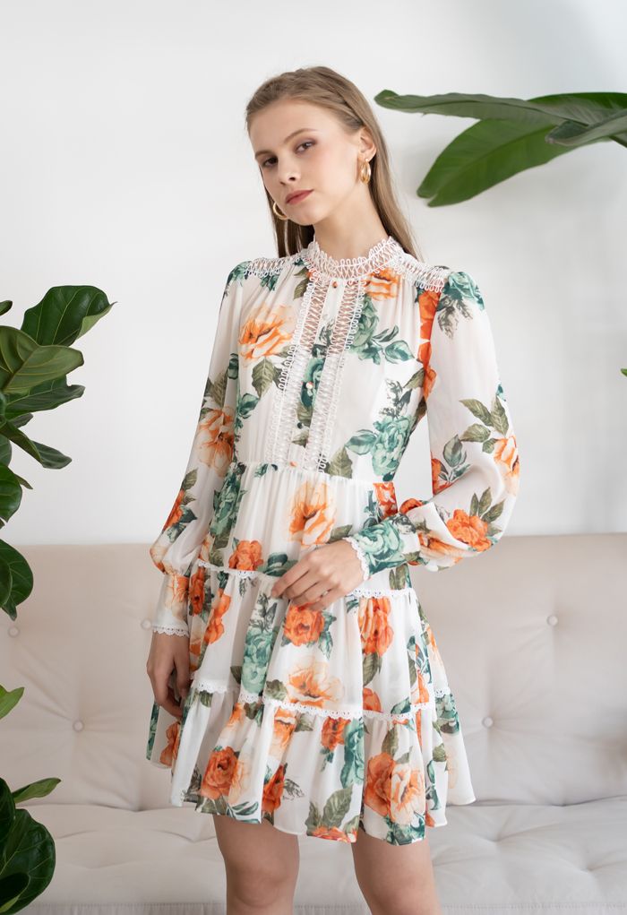 Floral Print Crochet Trim Frilling Chiffon Dress in White