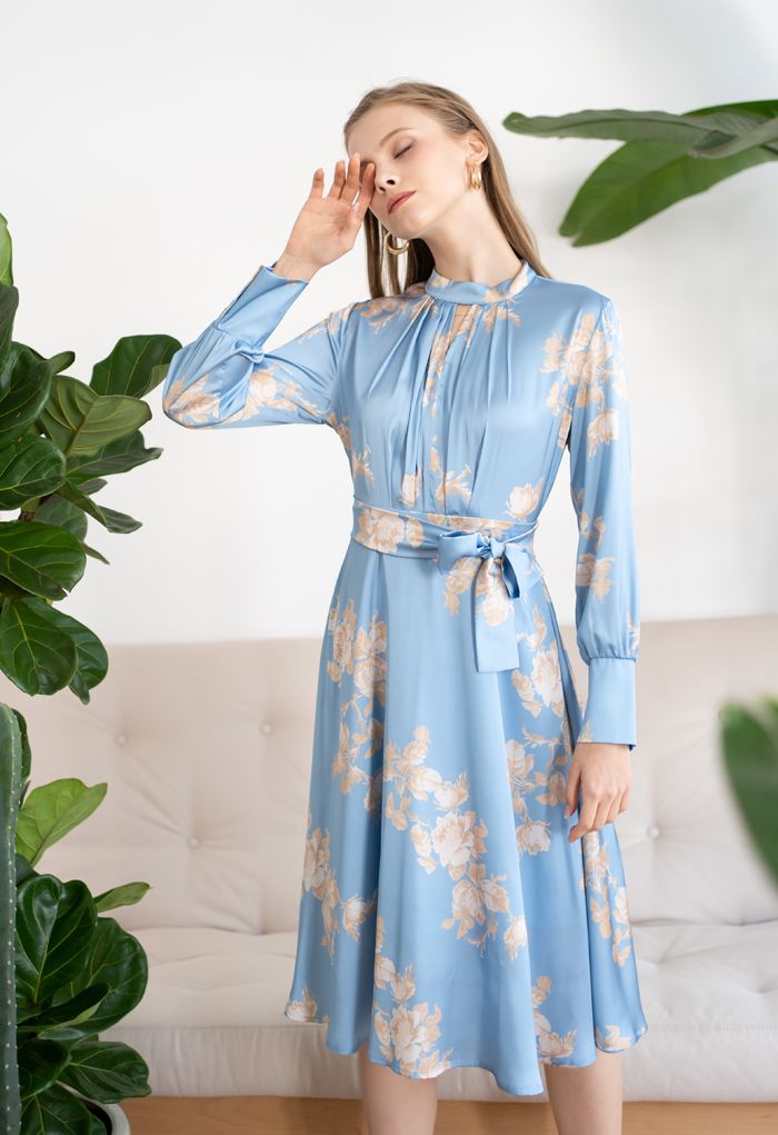 Grab the Spotlight Floral Bowknot Satin Dress in Blue