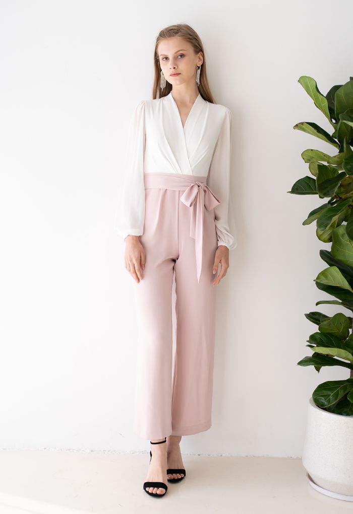 V-Neck Surplice Belted Jumpsuit in Pink
