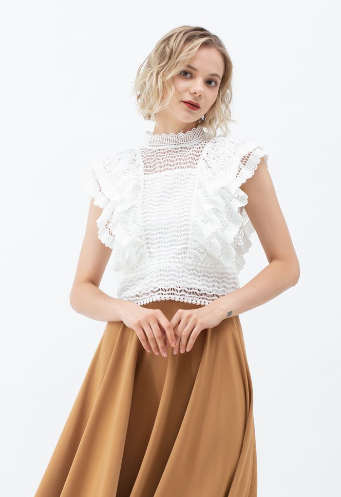 Tiered Ruffle Crochet Mock Neck Sleeveless Top in White