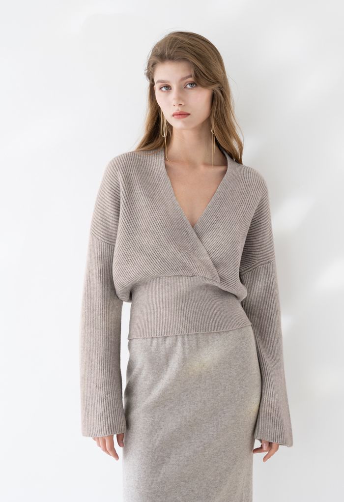 Ribbed Flare Sleeves Wrap Knit Top in Sand