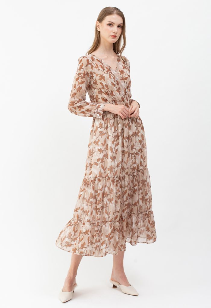 Fall Leaves Printed Wrapped Maxi Dress