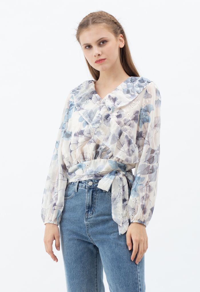 Flower Print Tie Waist Ruffle Semi-Sheer Top