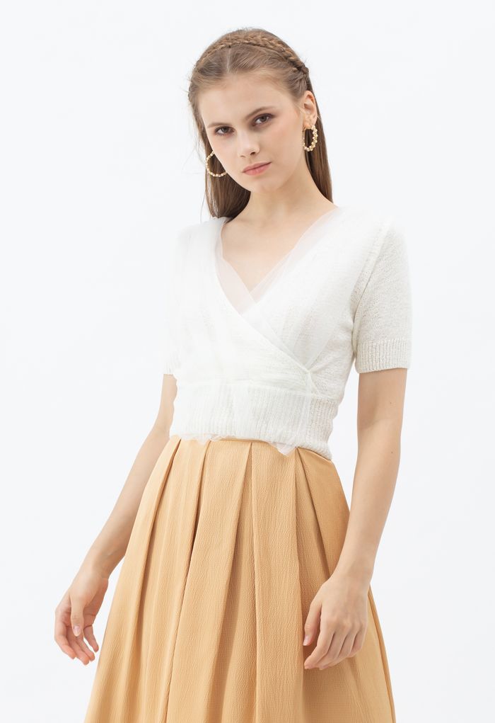 Mesh Overlay Wrap Crop Knit Top in White