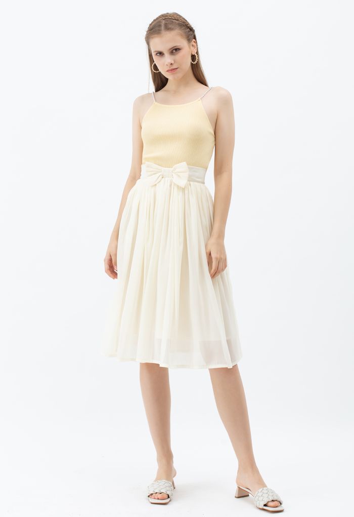 Bowknot Waist Chiffon Pleated Midi Skirt in Ivory