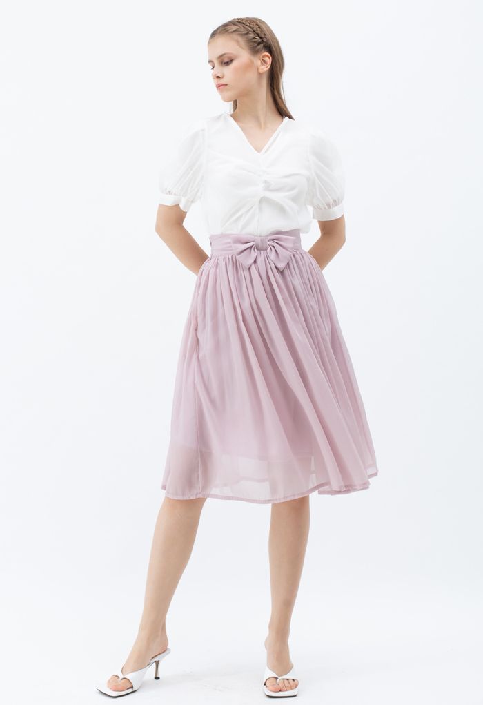 Bowknot Waist Chiffon Pleated Midi Skirt in Pink