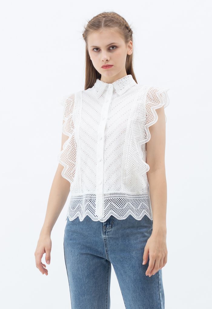 Wavy Lace Eyelet Embroidered Sleeveless Shirt in White