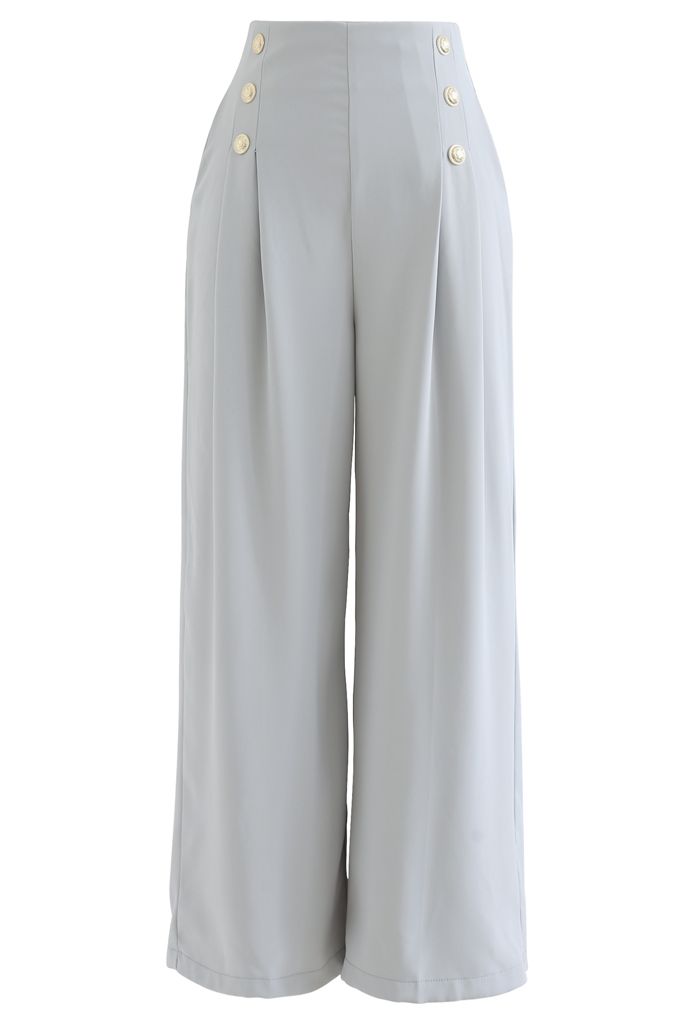 Golden Button Decorated Pleated Pants in Light Blue