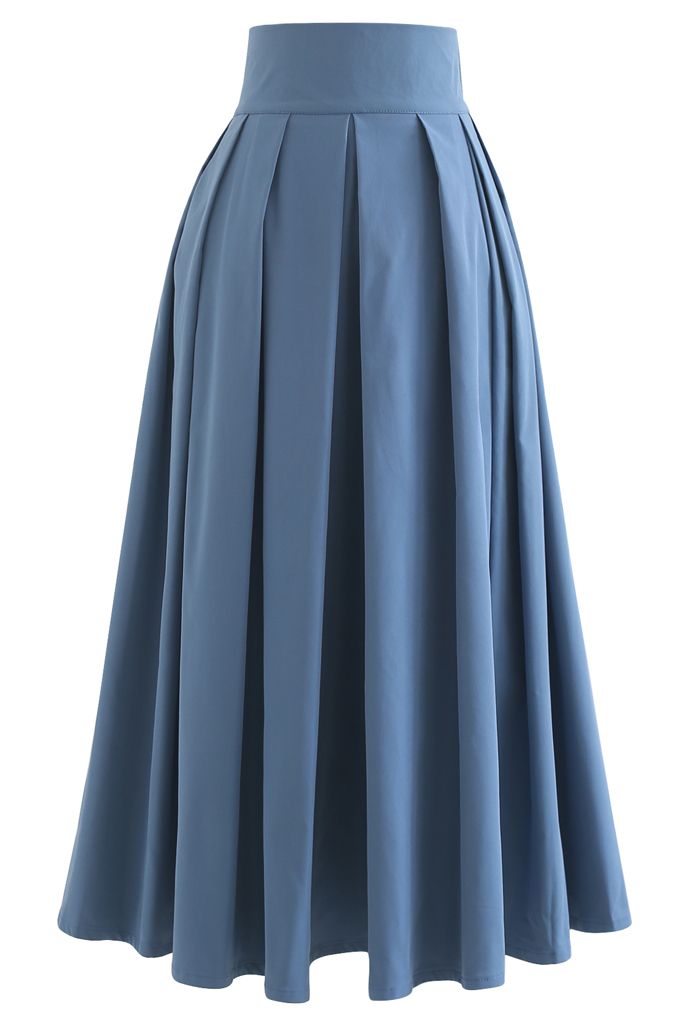 Full Pleated Cotton Midi Skirt in Blue