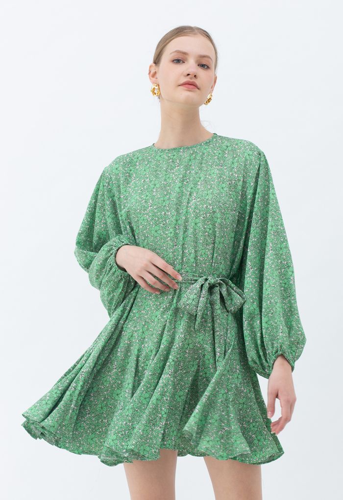 Green Floret Bubble Sleeves Frilling Dress