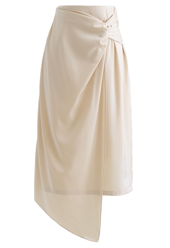 Twist Flap Asymmetric Satin Midi Skirt in Cream