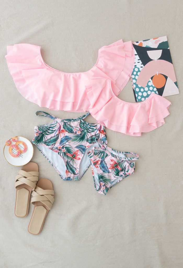 Tiered Shoulder Tropical Print Bikini Set for Mommy & Kids