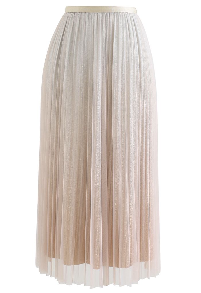 Gradient Shimmer Lining Pleated Mesh Skirt in Cream