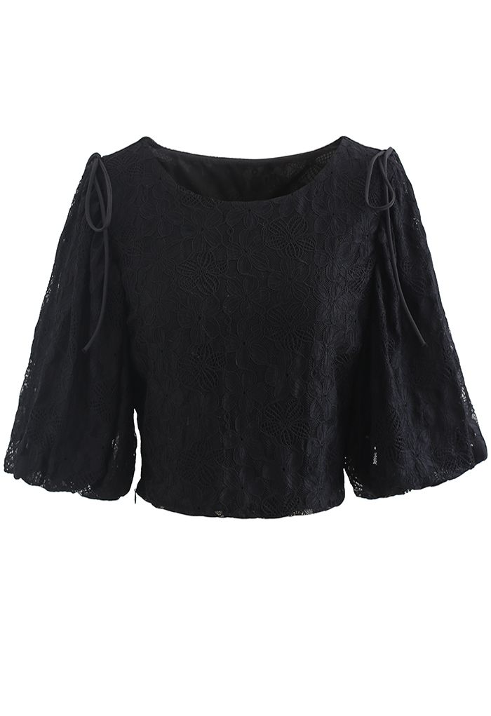 Soft Touch Lace Puff Sleeve Cropped Top in Black