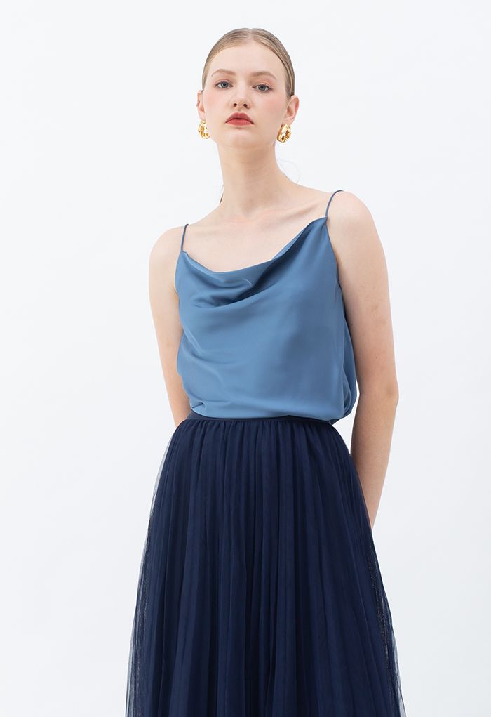 Drape Neck Surplice Back Satin Cami Top in Dusty Blue