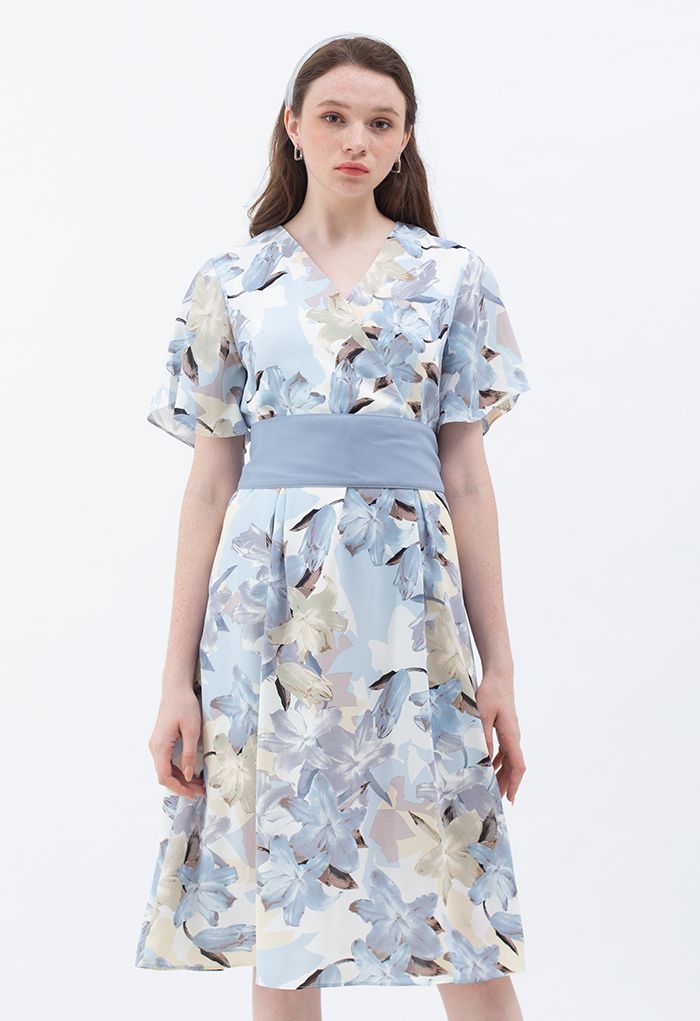 Lily Print Flare Sleeve Belted Midi Dress in Blue