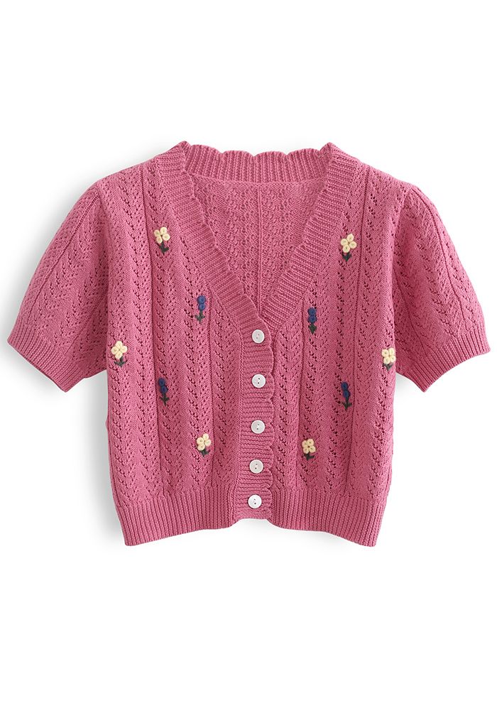 Floweret Button Front Eyelet Crop Cardigan in Rouge Pink