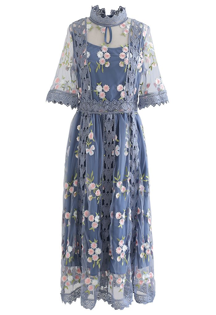 Garden Glamour Embroidered Crochet Trim Mesh Dress