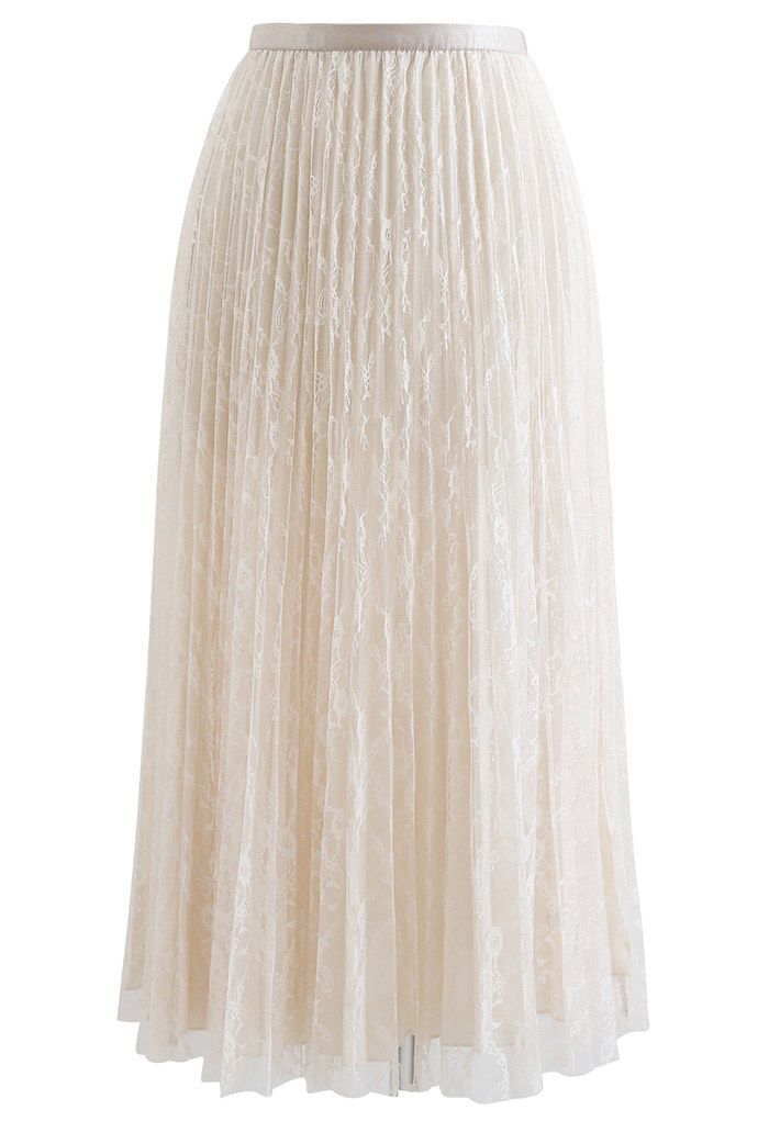 Full Lace Pleated Midi Skirt in Cream