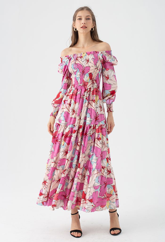 Lily Print Bubble Sleeve Maxi Dress in Pink