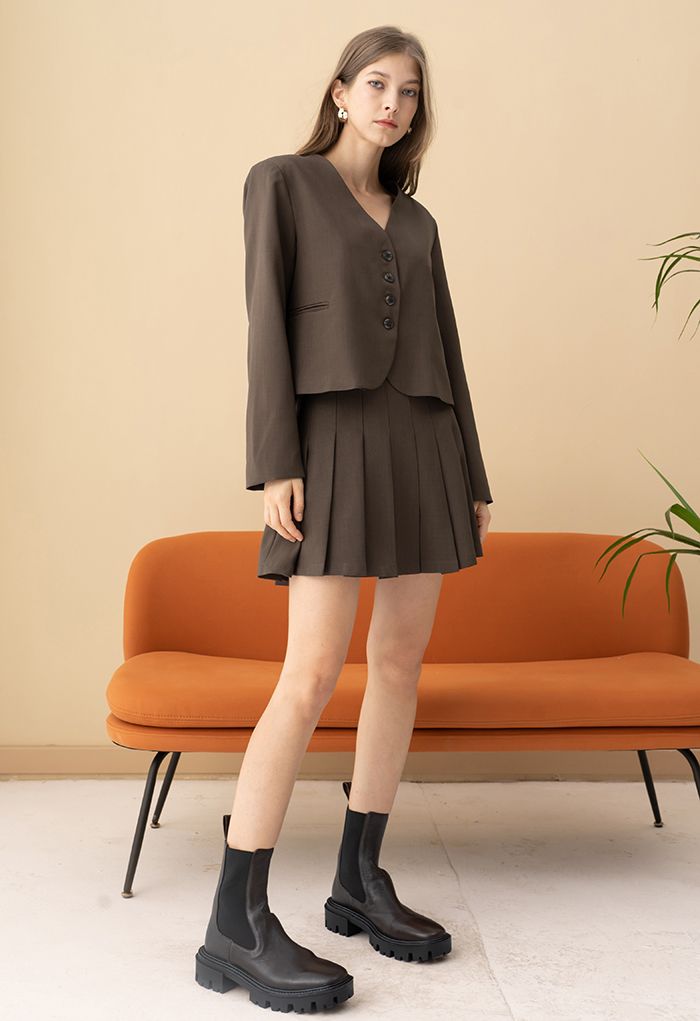 High Waist Pleated Mini Skirt in Brown