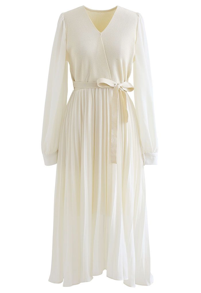 Knit Spliced Self-Tie Pleated Wrap Midi Dress in Cream