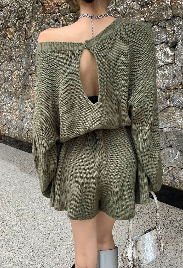 Drawstring Waist Rib Knit Playsuit in Army Green