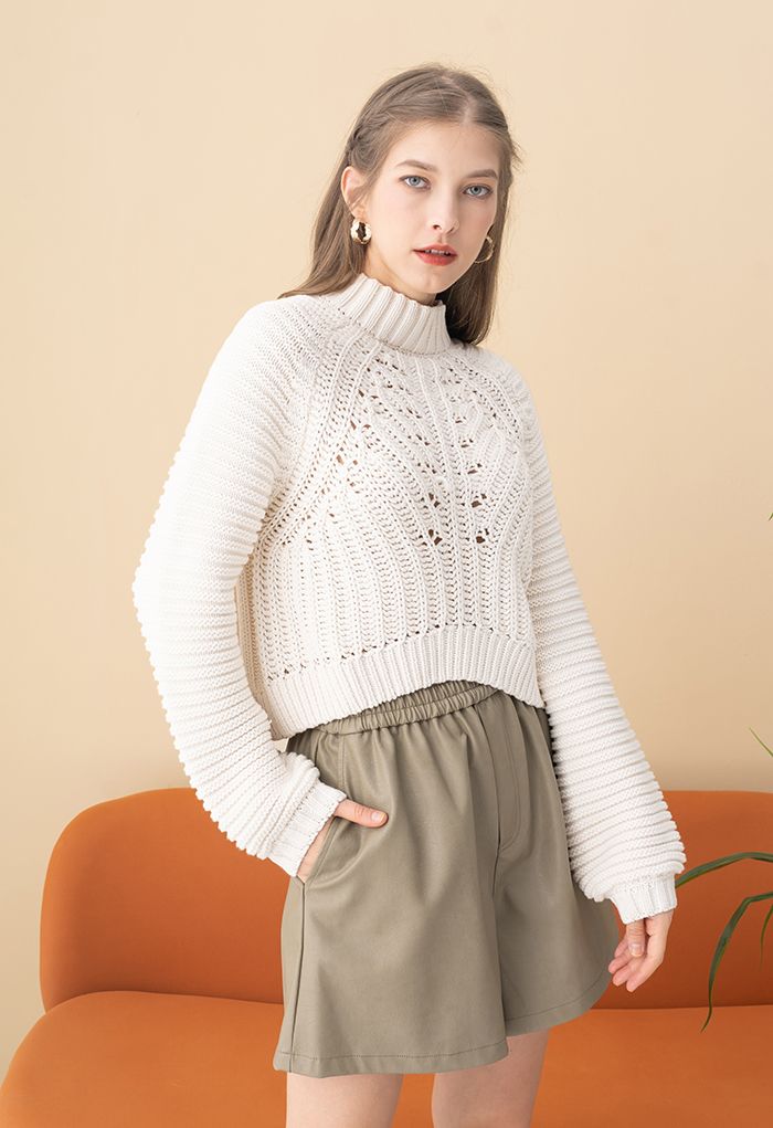 Exaggerated Ribbed High Neck Chunky Knit Crop Sweater