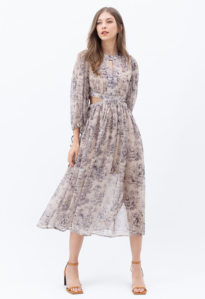 Zoo Land Print Cutout Chiffon Midi Dress