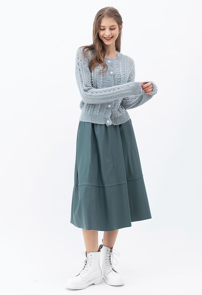 Faux Leather Side Pocket Midi Skirt in Teal