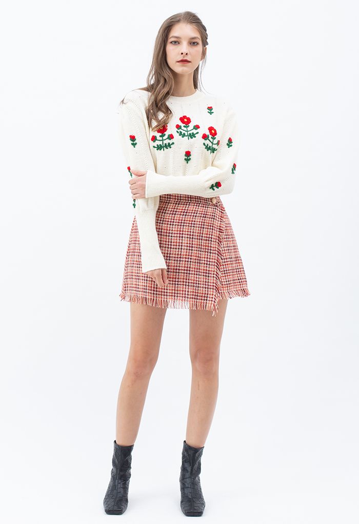 Tasseled Houndstooth Tweed Mini Flap Skirt in Red