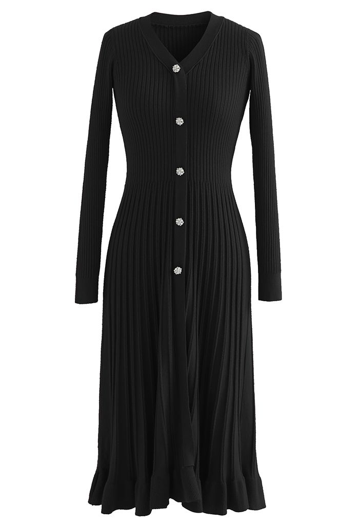 Button Front Ribbed Knit A-line Midi Dress in Black