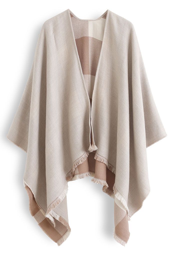 Single-Sided Check Print Reversible Poncho in Taupe