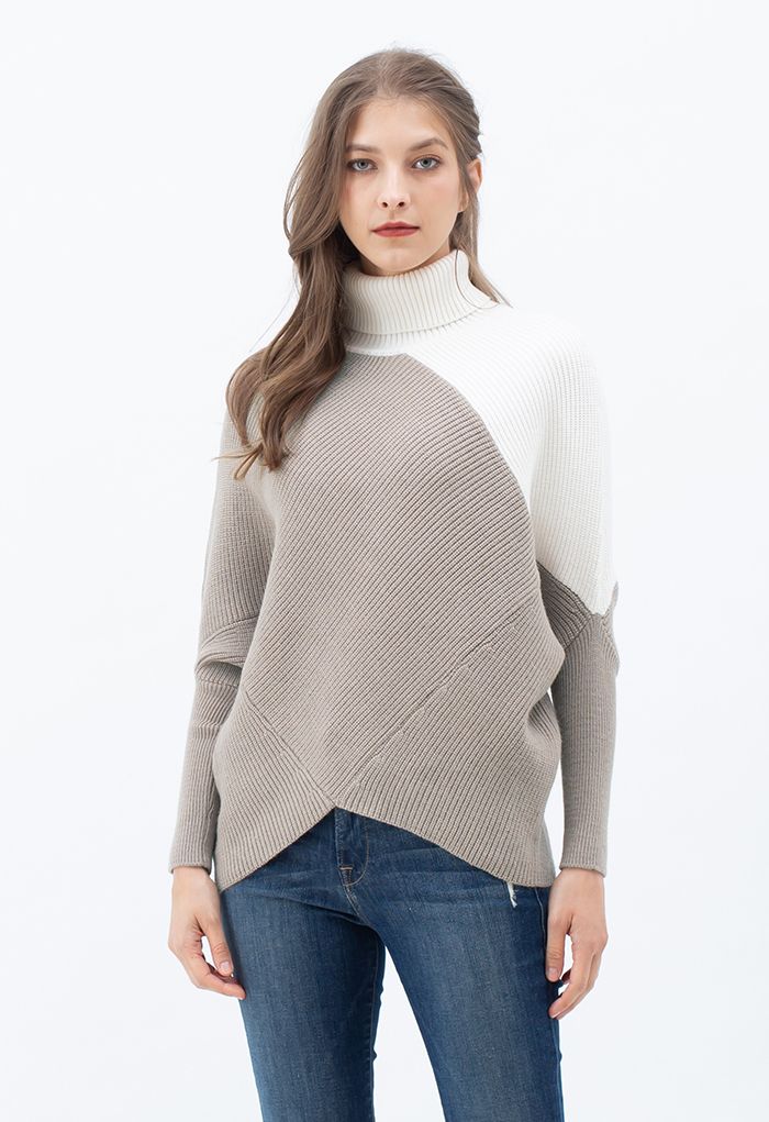 Turtleneck Batwing Sleeve Asymmetric Knit Sweater in Taupe