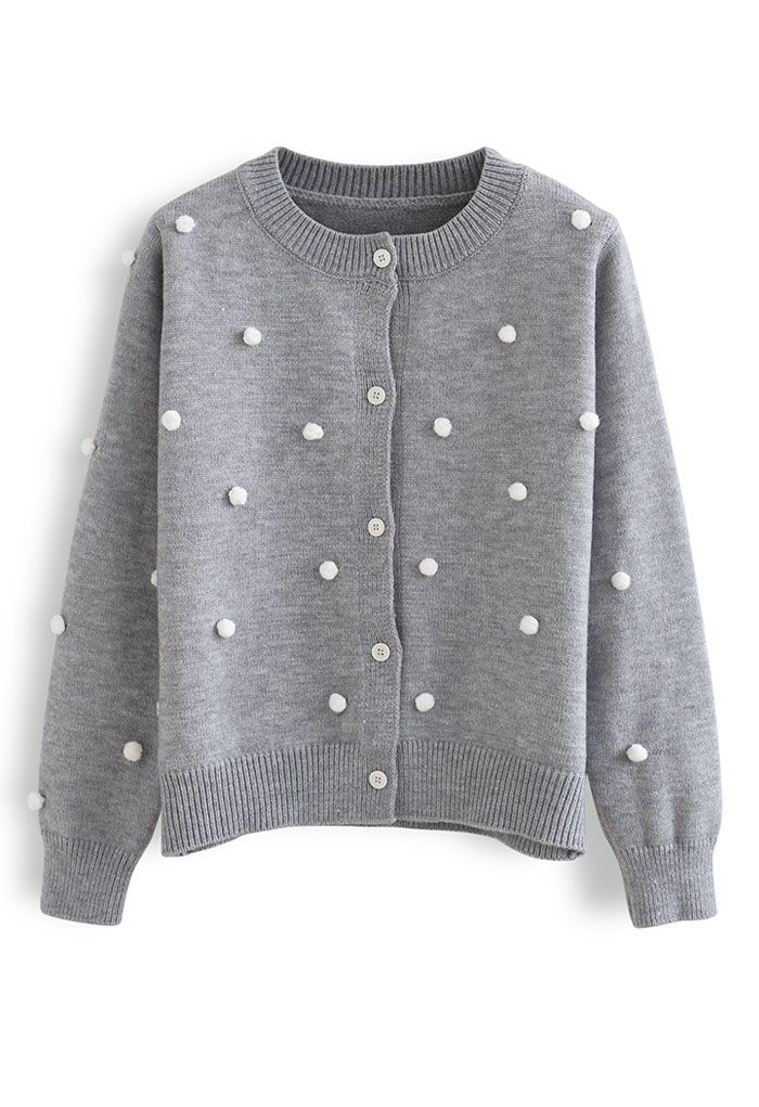 Contrast Pom-Pom Ball Knit Cardigan in Grey