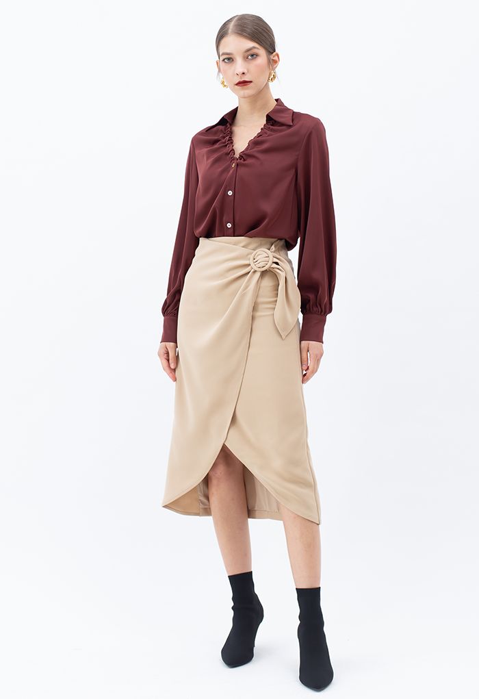 Flap Front Knot Side Midi Petal Skirt in Light Tan