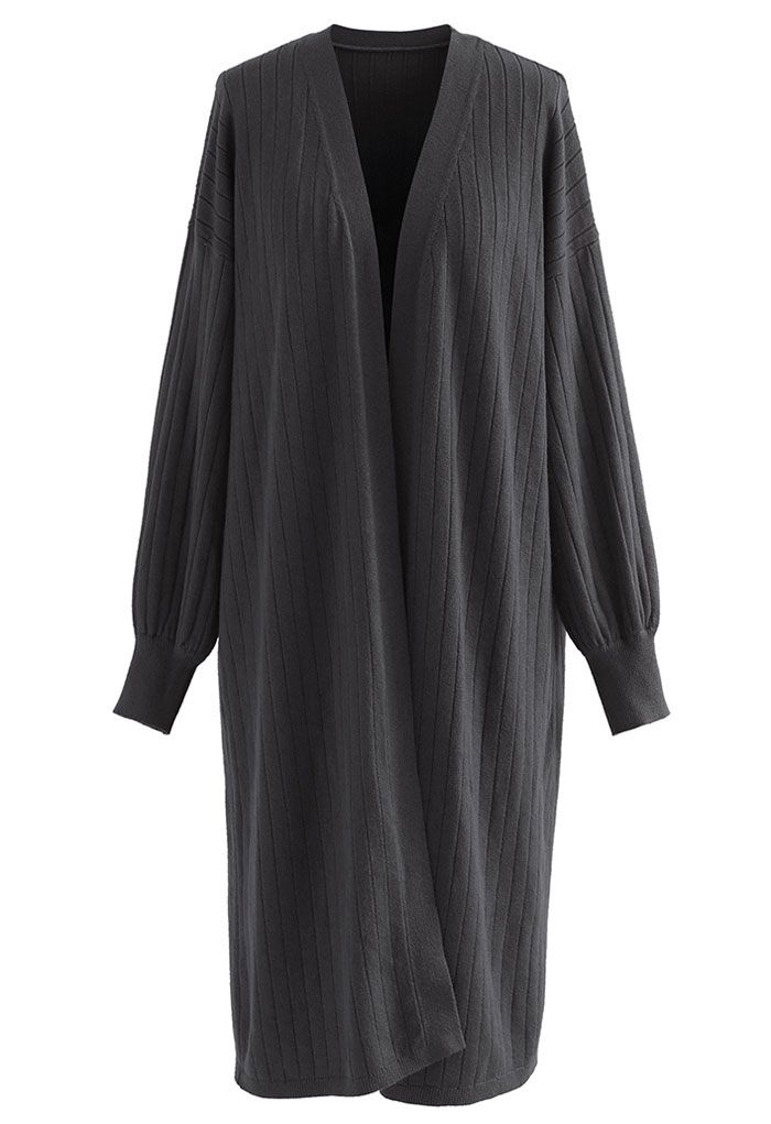 Rib Knitted Open Front Longline Knit Cardigan in Grey