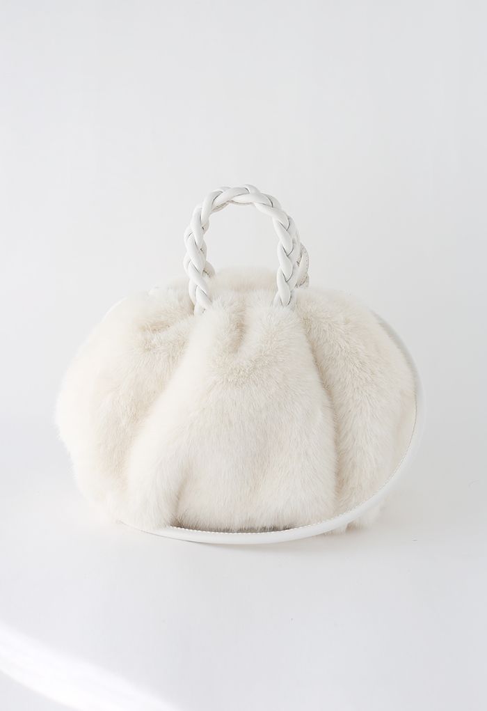 Braided Faux Fur Crossbody Bag in White