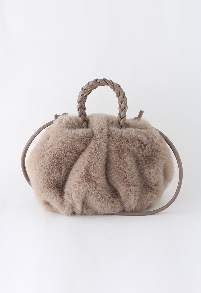 Braided Faux Fur Crossbody Bag in Taupe