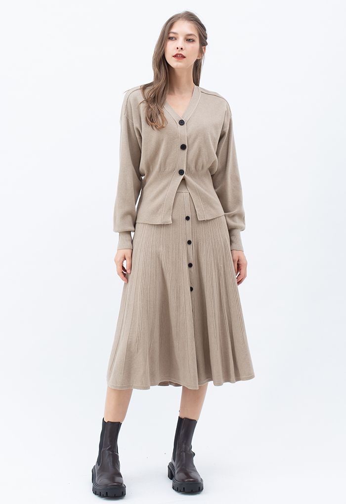 Comfy Versatile Knit Cardigan and Skirt Set in Taupe