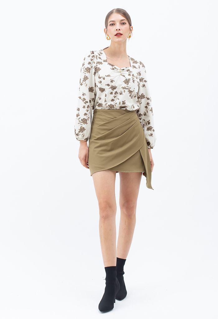 Ruched Pleated Asymmetric Mini Skirt in Khaki