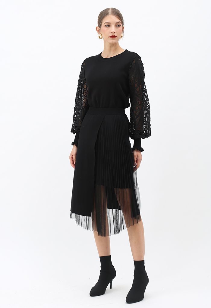 Mesh Spliced Flap Knit Midi Skirt in Black