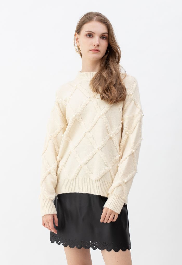 Diamond Pearls Trim Fuzzy Knit Sweater in Cream